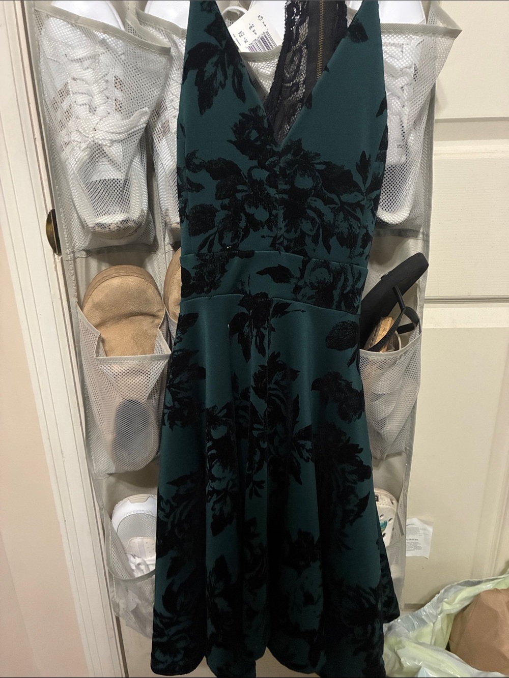 Deep Teal Midi Dress with Black Floral Velvet Flock